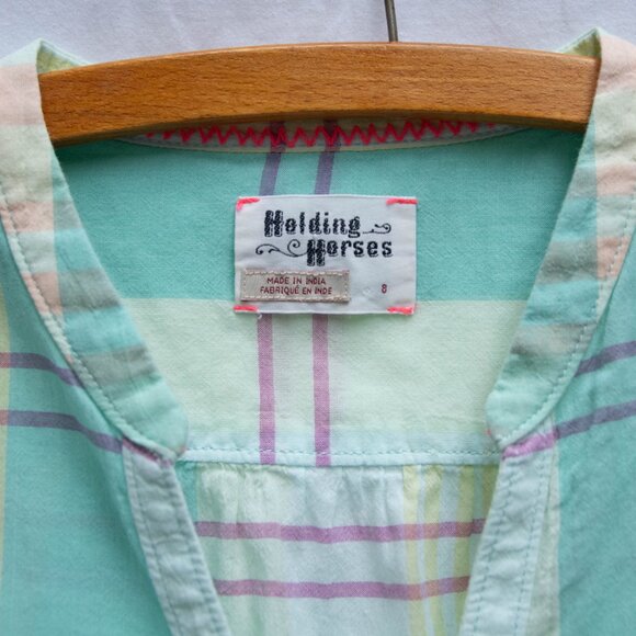 Holding Horses Anthropologie Womens Pastel Plaid Shirt Size 8 Boho Spring Summer - Picture 3 of 3